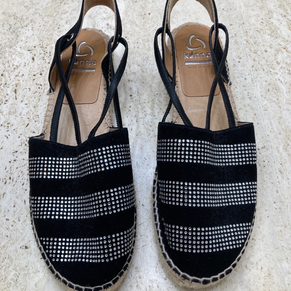 Kanna Black Suede With Bling Espadrille Sandals Size EU 40